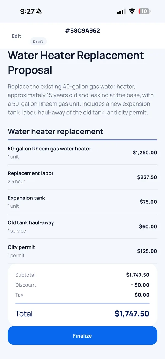 A finished water heater replacement proposal with line items and total